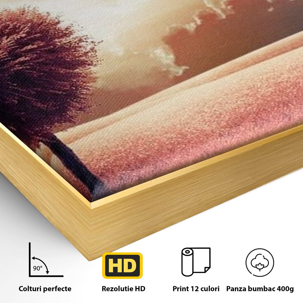 Detaliu al suprafetei: tablou canvas cu un copac in forma de inima, in rama de aluminiu auriu